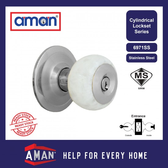 AMAN Big Rose Cylindrical Marble Door Knob Lock Set - MK-6971SS