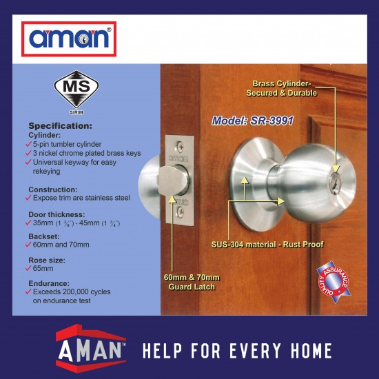 AMAN Cylindrical Door Knob Stainless Steel SIRIM - SR-3991 / SR-3971 Series