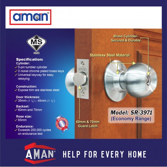 AMAN Cylindrical Door Knob Stainless Steel SIRIM - SR-3991 / SR-3971 Series