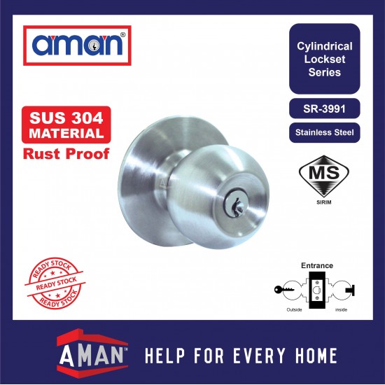 AMAN Cylindrical Door Knob Stainless Steel SIRIM - SR-3991 / SR-3971 Series
