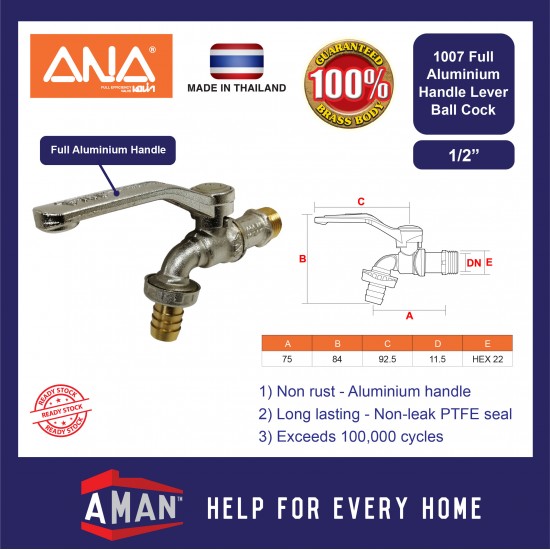 ANA Lever Bib Cock Ball Cock Aluminium Handle Washing Machine Faucet 1/2'' 3/4"
