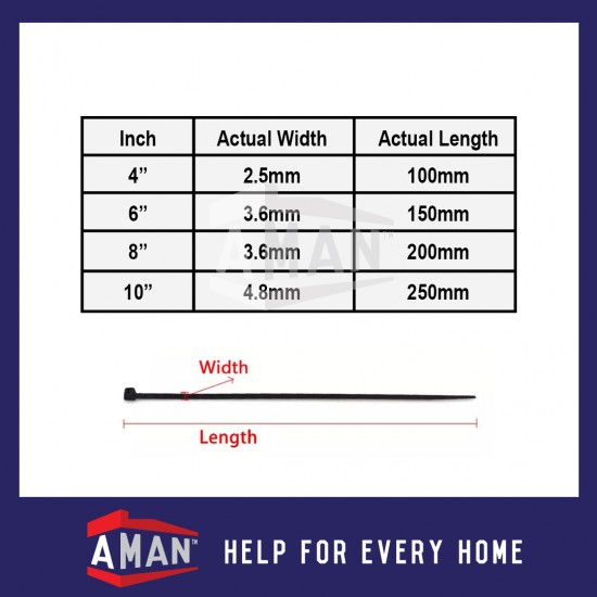AMAN Cable Ties Nylon Wire 100pcs 4"6"8"10" Pengikat Wayar Kabel Tie Locking Zip Black White Garden Home Wiring Bind