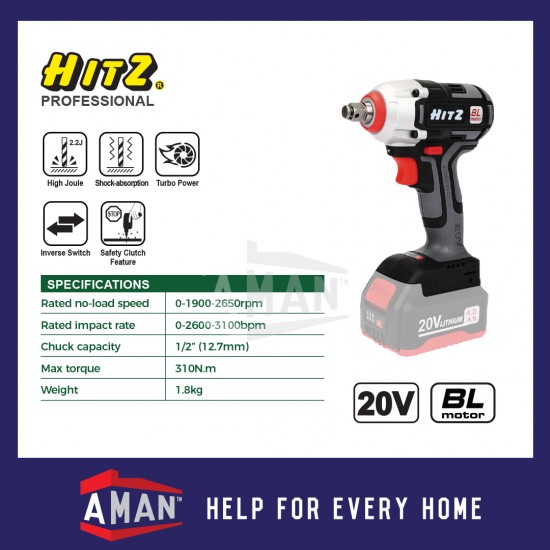 HITZ HB-5276 20V Cordless Impact Wrench With 2 Batteries 1 Fast Charger SIRIM Brushless