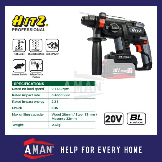 HITZ HB-5355 20V Cordless Rotary Hammer With 2 Batteries 1 Fast Charger SIRIM Brushless
