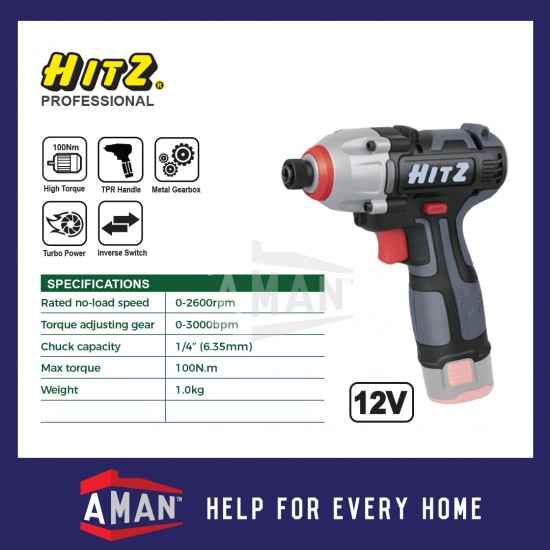 HITZ HB-3222 12V Cordless 1/4" Impact Driver With 2 Batteries 1 Fast Charger SIRIM
