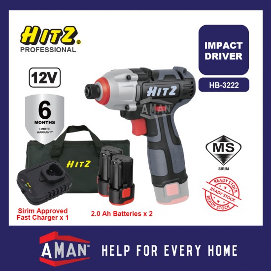 HITZ HB-3222 12V Cordless 1/4" Impact Driver With 2 Batteries 1 Fast Charger SIRIM