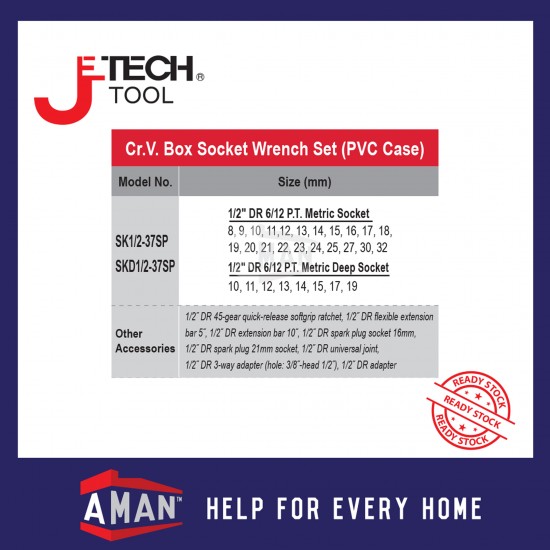 JETECH CRV Box Socket Set 6PT 12PT 37SP 8-32mm