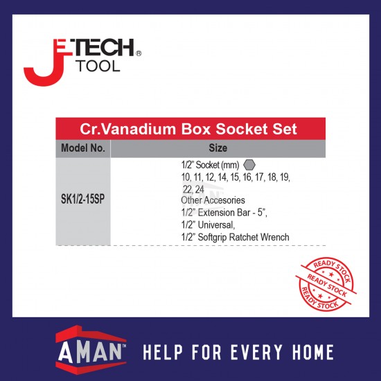 JETECH CRV Box Socket Set 15SP 6PT 10-24mm