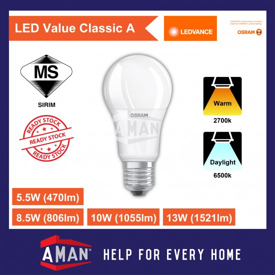 OSRAM 5.5W/8.5W/10W/11W/13W E27 LED VALUE CLASSIC A BULB 10Pcs