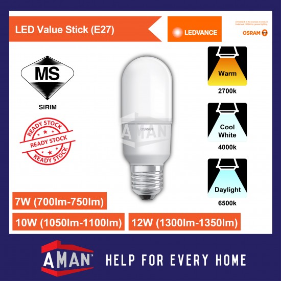 OSRAM 7W/10W/12W E27 LED VALUE STICK BULB 10Pcs