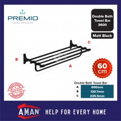 PREMIO Aluminium Double Bath Towel Shelf 60cm - Black