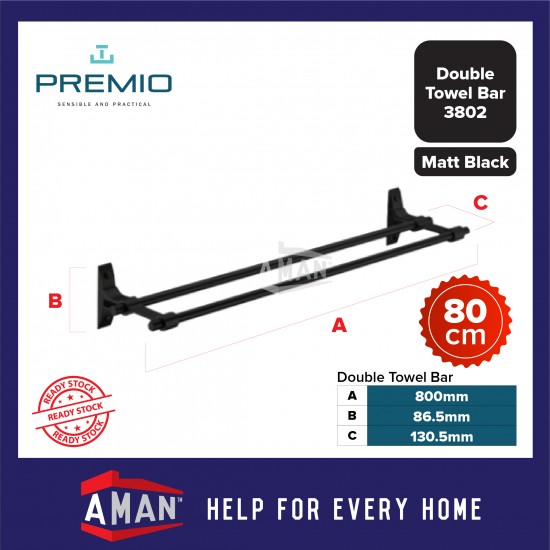 PREMIO Aluminium Double Towel Bar 80cm - Black