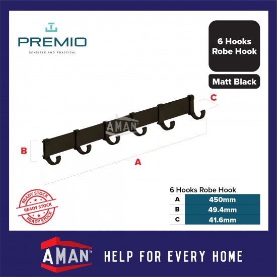 PREMIO Aluminium 6 Hooks Robe Hook - Black