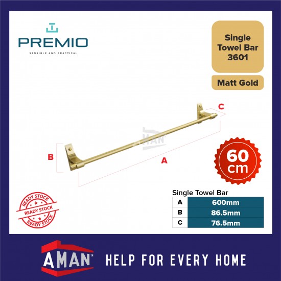 PREMIO Aluminium Single Towel Bar 60cm - Gold