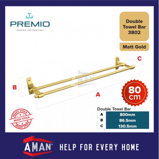PREMIO Aluminium Double Towel Bar 80cm - Gold