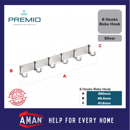 PREMIO Aluminium 6 Hooks Robe Hook - Silver