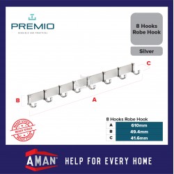 PREMIO Aluminium 8 Hooks Robe Hook - Silver