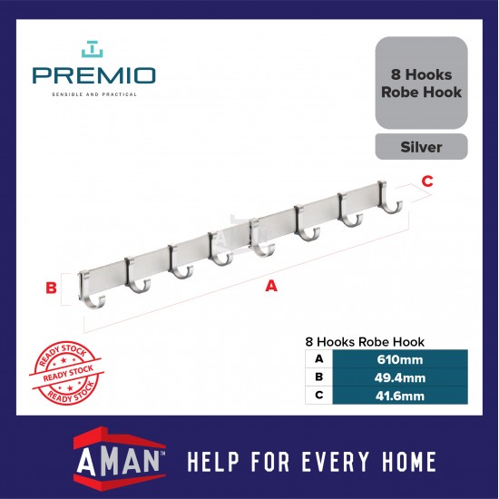 PREMIO Aluminium 8 Hooks Robe Hook - Silver