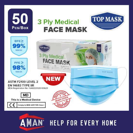 Top Mask 3 Ply Disposable Medical Mask BFE 99% 40 Boxes