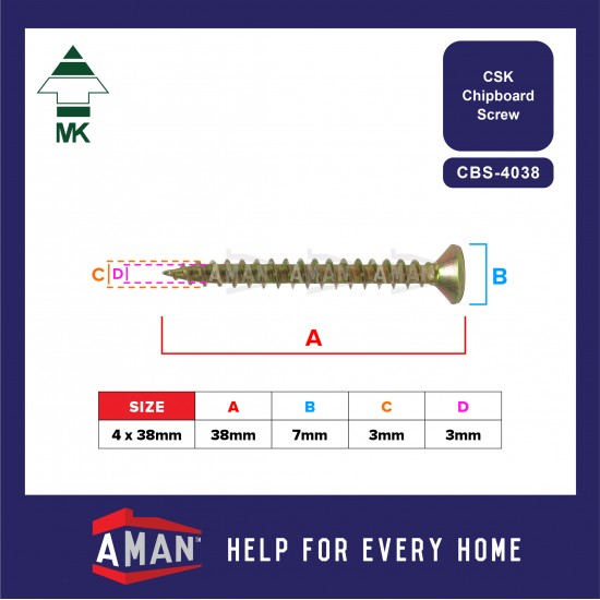 AMAN MK CSK Screw Wood Chipboard Screw Driving Counter Sunk Flat Head Yellow Zinc Coated Skru Kayu Kualiti 10-50mm