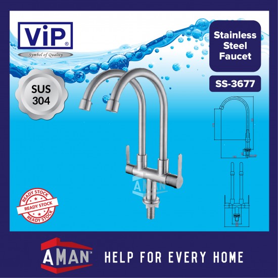 ViP SUS-304 Stainless Steel Fixed Double Pillar Sink Tap - SS-3677
