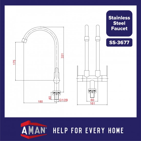 ViP SUS-304 Stainless Steel Fixed Double Pillar Sink Tap - SS-3677