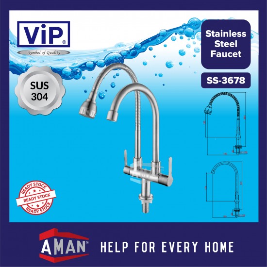 ViP SUS-304 Stainless Steel Fixed & Flexible Double Pillar Sink Tap - SS-3678