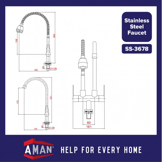 ViP SUS-304 Stainless Steel Fixed & Flexible Double Pillar Sink Tap - SS-3678