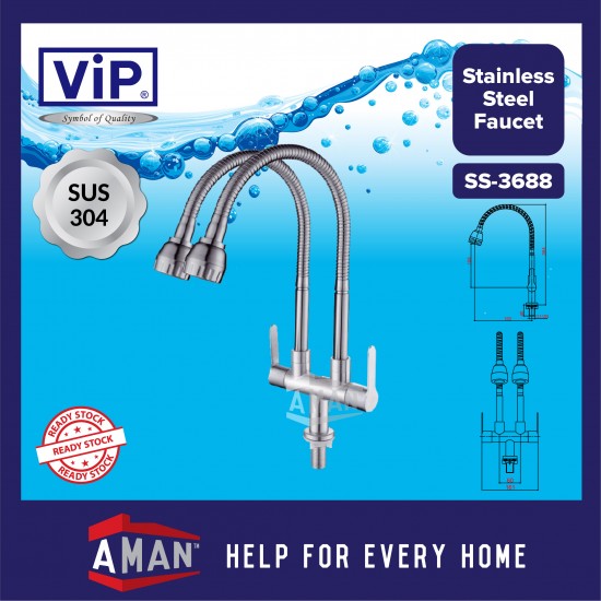 ViP SUS-304 Stainless Steel Flexible Double Pillar Sink Tap - SS-3688