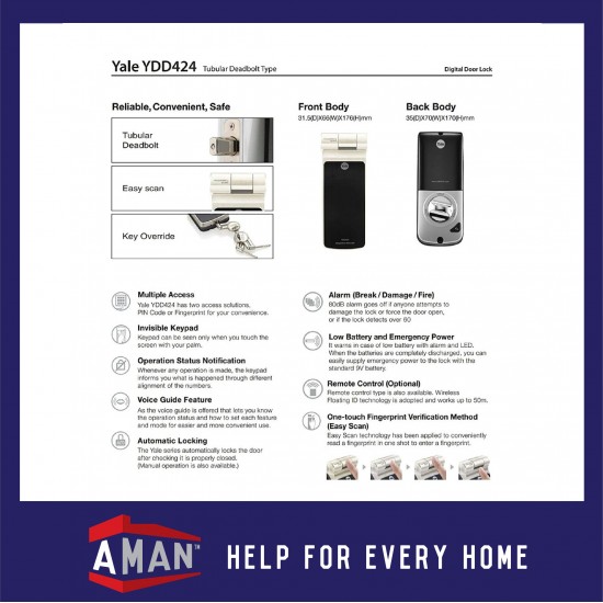 YALE Intelligent Biometric Tubular Deadbolt Fingerprint Smart Digital Door Lock YDD-424+