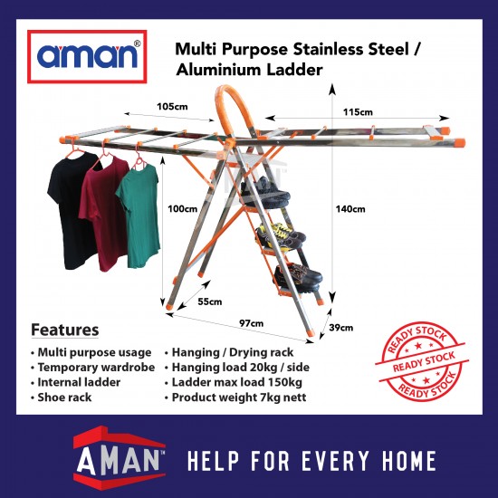 aman Multi Purpose Stainless Steel Aluminium Ladder Clothes Drying Rack 2 in 1